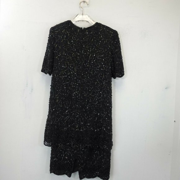 BRILLIANTE x J.A. Women's Black Mini Dress MEDIUM Sequin Beaded Silk Evening‎ - Picture 10 of 11
